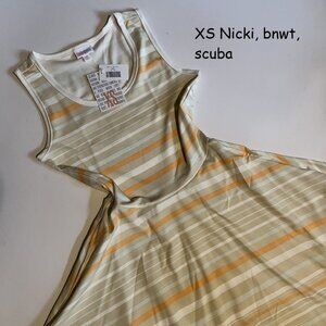 XS Lularoe Nicki dress, beige with white, orange, and light blue stripes, scuba
